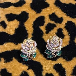 Gold-tone Rose Crystal Stud Earrings with Green Enamel Leaves